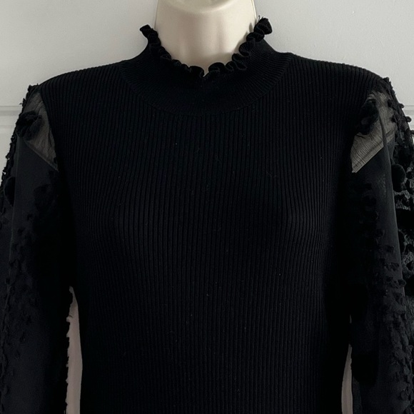 Almost Famous Black Stretch Knit Bodycon Dress Mock Neck Sheer Bishop Sleeves L - Picture 5 of 16